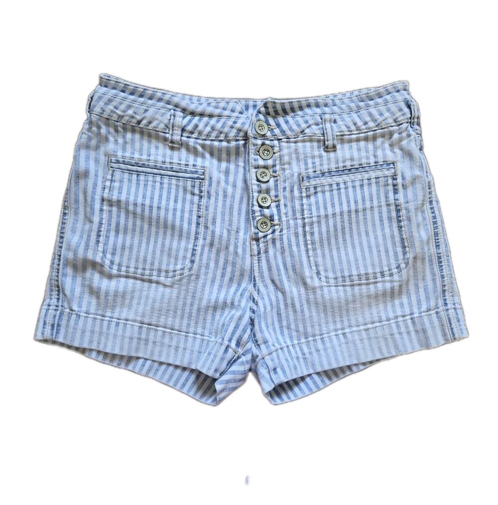 Pilcro Anthropologie Seersucker Stripe Denim Shorts High Rise Slim Blue White 28